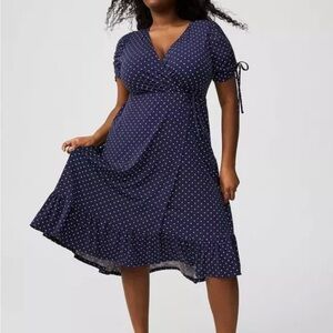 Torrid A-line Midi Wrap Dress Blue Polka Dot Size 1